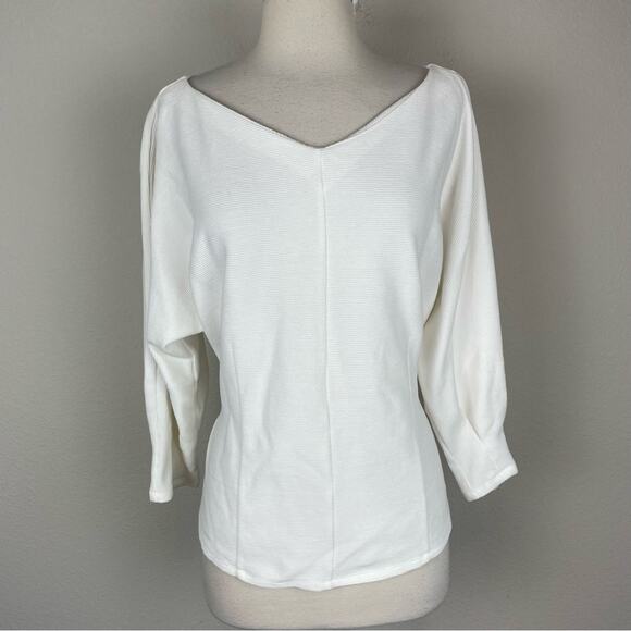 By Anthropologie Off White Tie Waist Knit V Neck Top Large - Picture 2 of 7